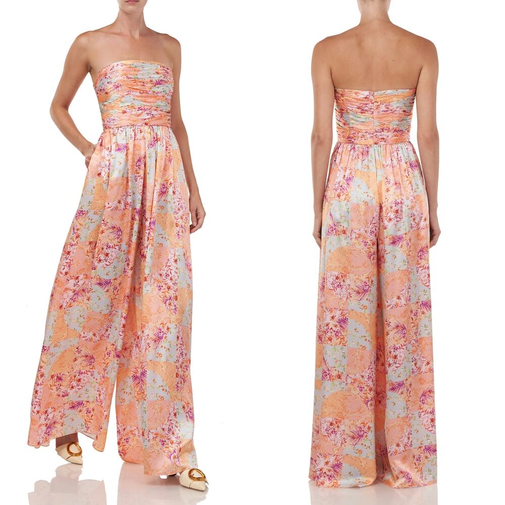AMUR Kallia Jumpsuit 100% Silk Floral Patchwork Strapless Wide Leg Multicolor 6 - Picture 3 of 10
